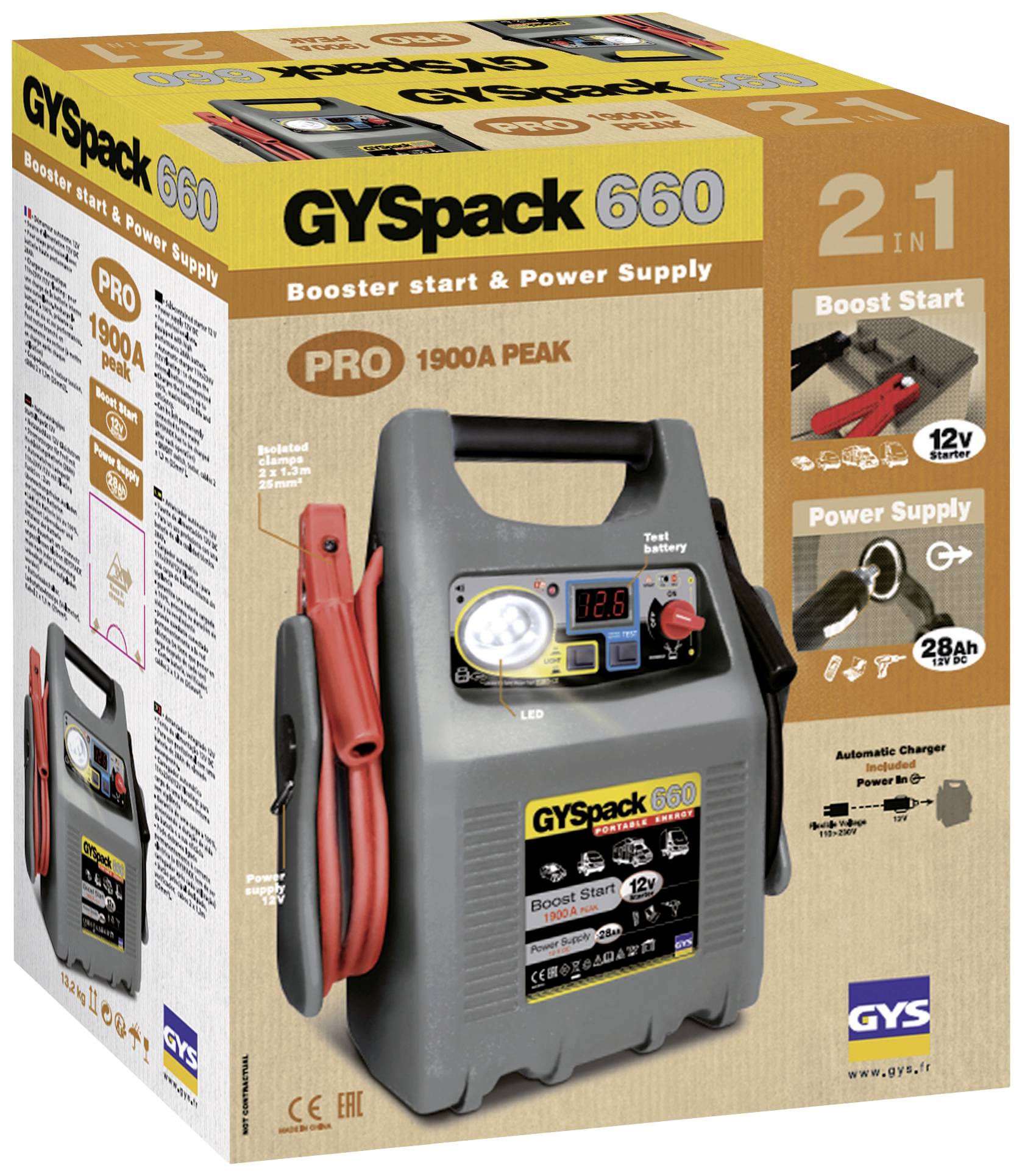 Eine graue tragbare Starthilfe GYSPack 660 mit Kabeln, Anzeige und Knöpfen. Verpackung zeigt Funktionen: 12V Boost Start und 28Ah Stromversorgung.