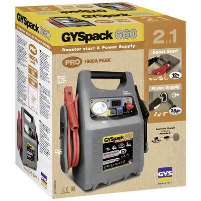 Eine graue tragbare Starthilfe GYSPack 660 mit Kabeln, Anzeige und Knöpfen. Verpackung zeigt Funktionen: 12V Boost Start und 28Ah Stromversorgung.