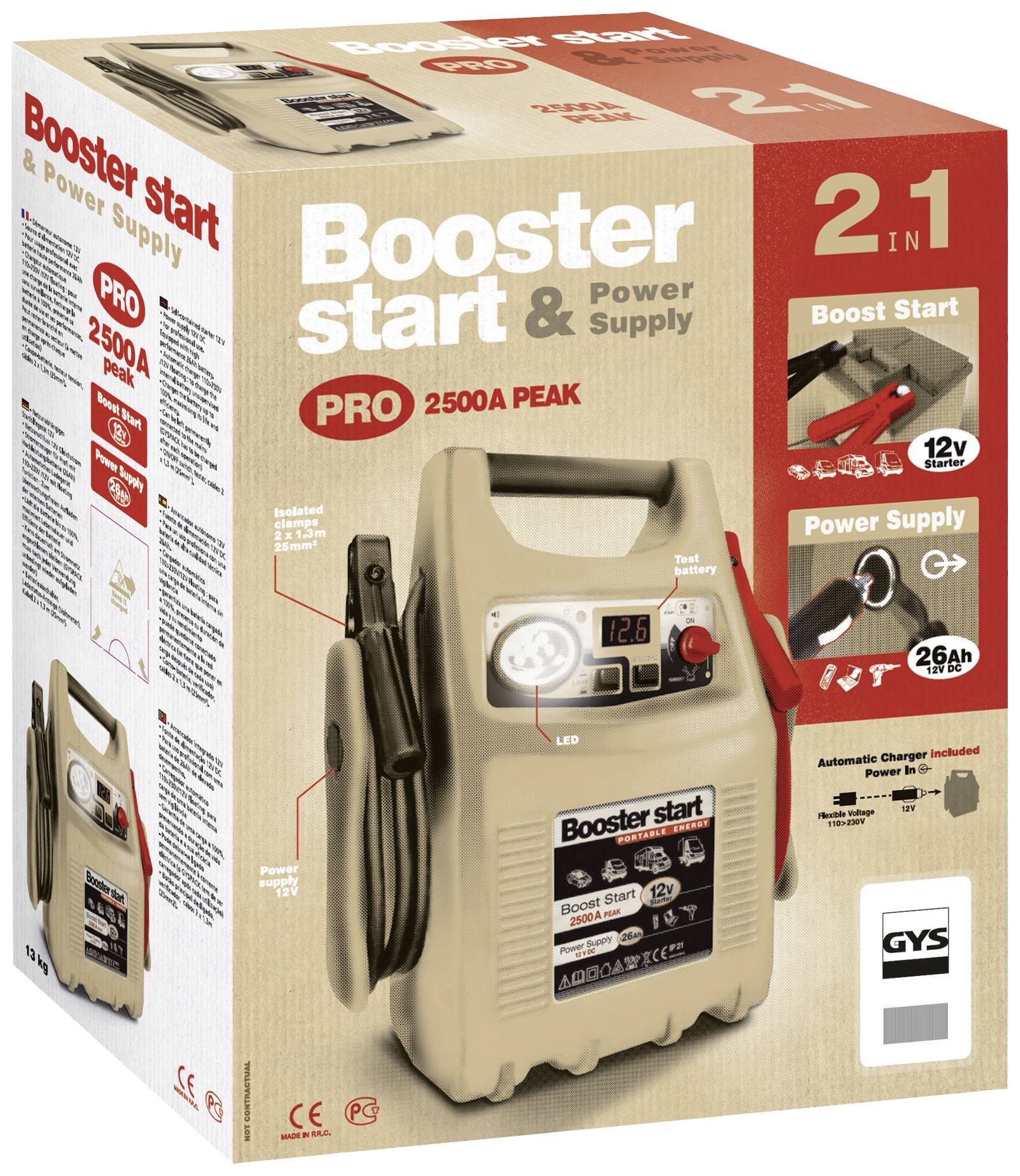 'Booster start & Power Supply': Verpackung einer Starthilfe mit 2500A, 12V für PKW. Funktionen: Boost Start, USB-Laden, LED-Anzeige.