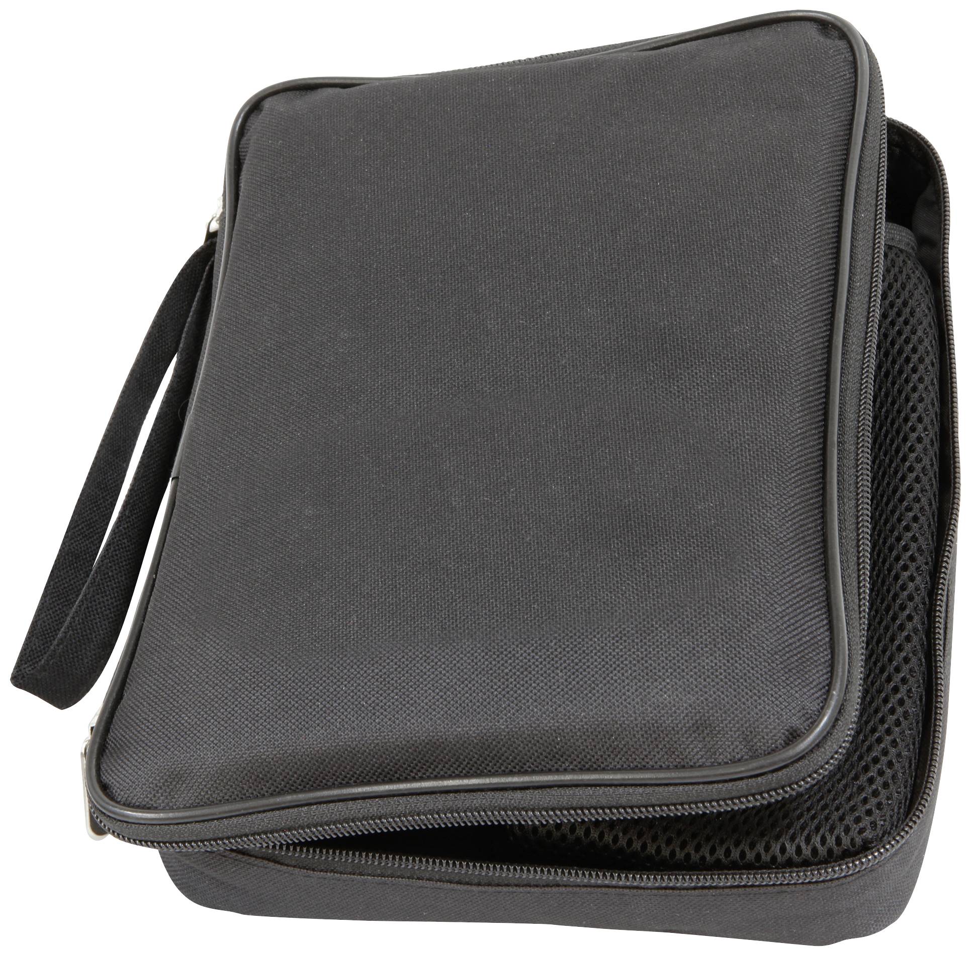 Schwarze Tragetasche mit Reißverschluss und Griff, leicht geöffnet, zeigt Innenfächer. Geeignet für Elektronik oder Zubehör.