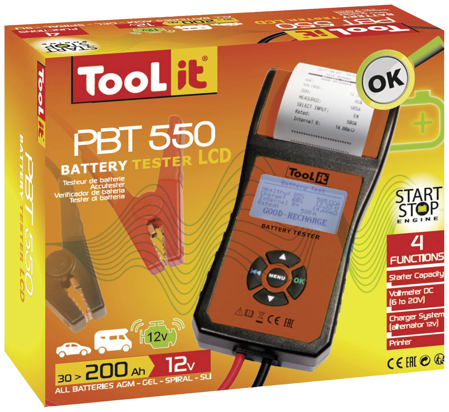 'Tool it PBT 550' Batterietester-Verpackung zeigt Gerät mit LCD-Anzeige, 4 Funktionen, unterstützt alle Batterietypen, 12V.