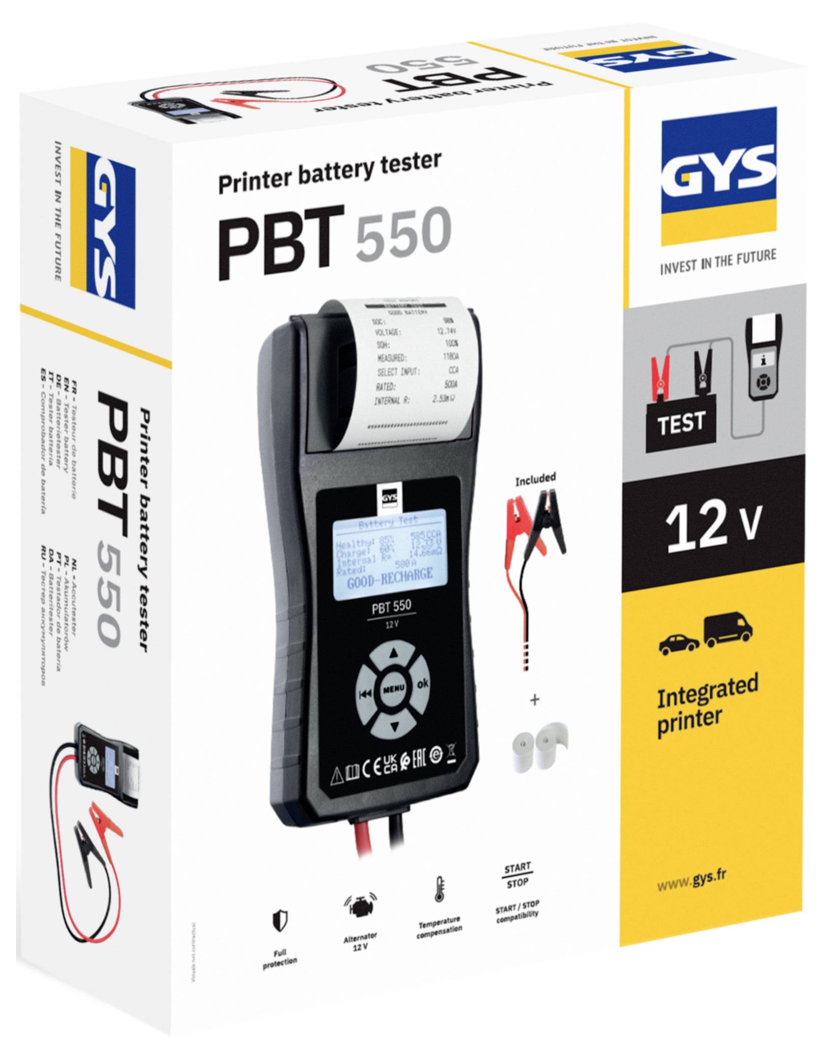 Karton für GYS PBT 550 Druckerbatterietester, zeigt das Gerät, Testfunktion, integrierten Drucker und 12-V-Kompatibilität.