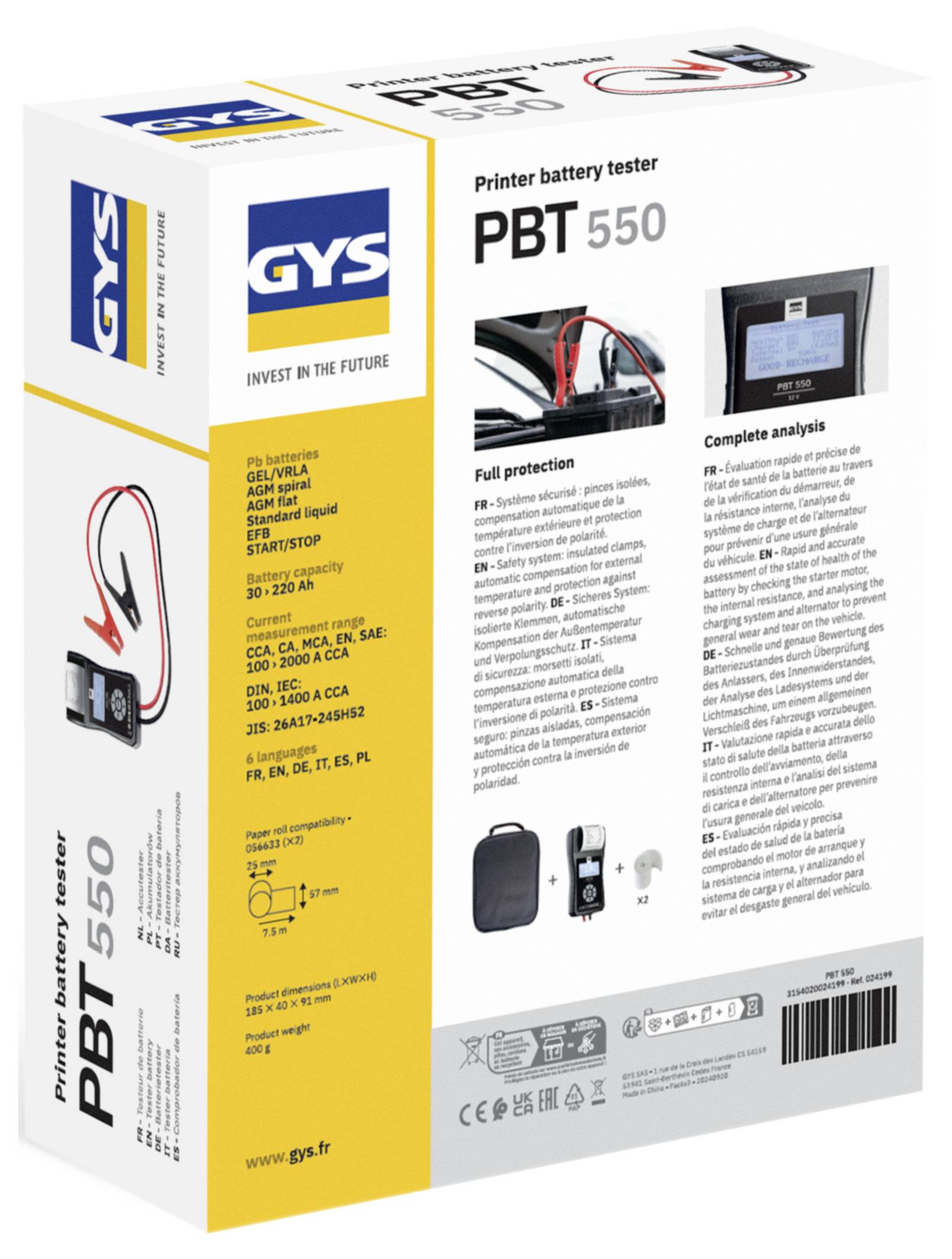 Kasten des GYS PBT 550 Druckerbatterietester, auf der Verpackung Produktfoto, Funktionen und Batterietyp-Kompatibilität angezeigt.