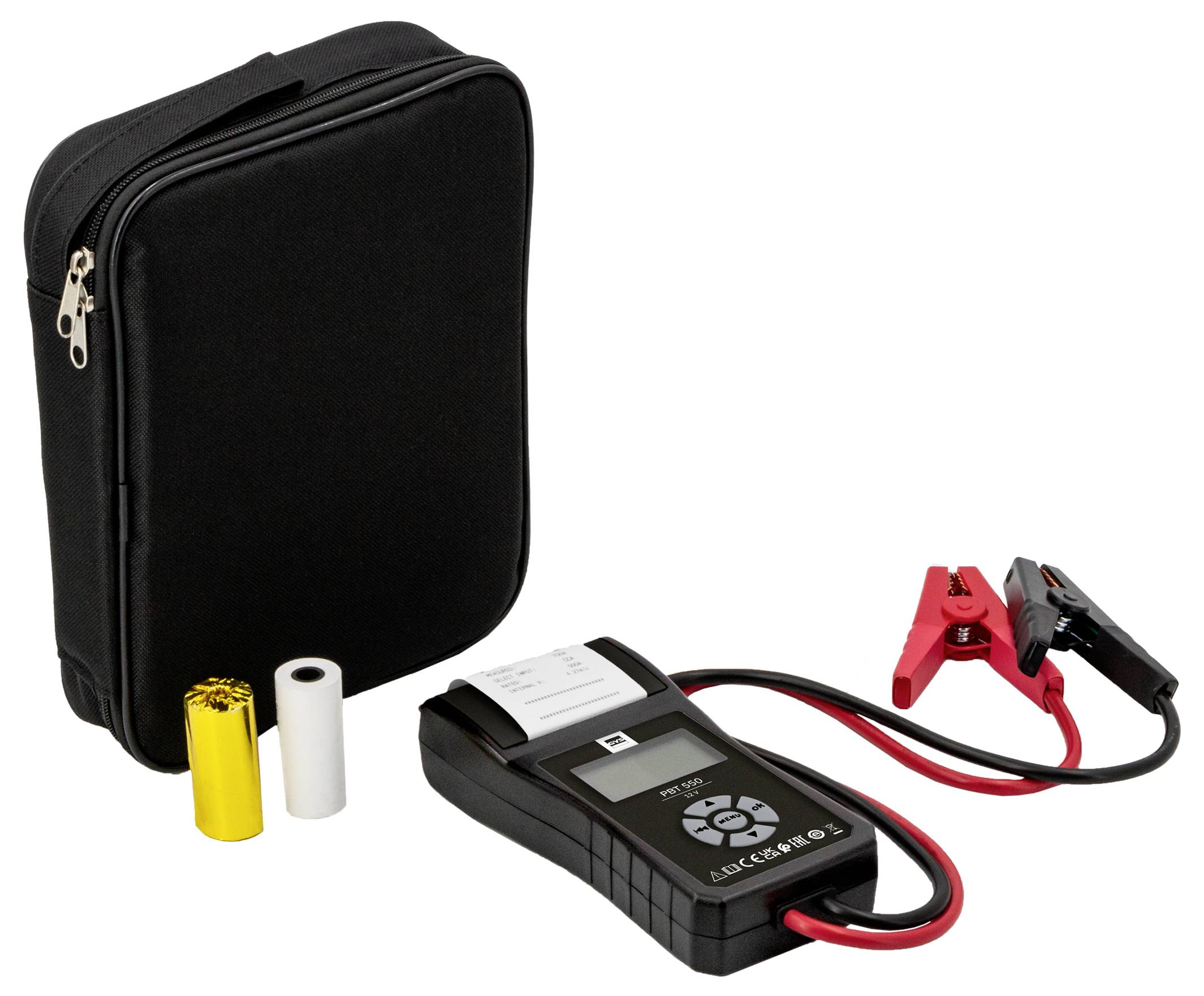 Tragbares Batterietester-Set mit Transportkoffer, zwei Zellen und roten/schwarzen Prüfspitzen, die an einem tragbaren Messgerät befestigt sind.