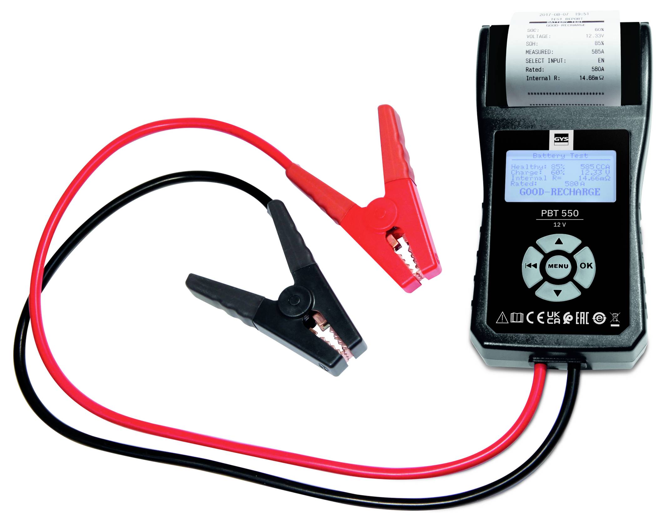 Tragbarer Batterietester mit gedrucktem Beleg und angebrachten rot/schwarzen Zangenleitungen, zeigt digitales Display und Steuertasten.
