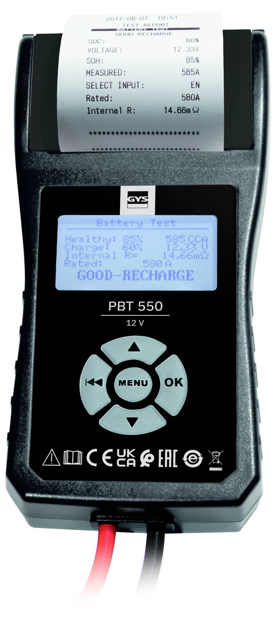Tragbarer Batterietester mit Display, das „GUT-AUFLADEN" und Testergebnisse anzeigt, einschließlich Spannung, Zustand und Innenwiderstand.