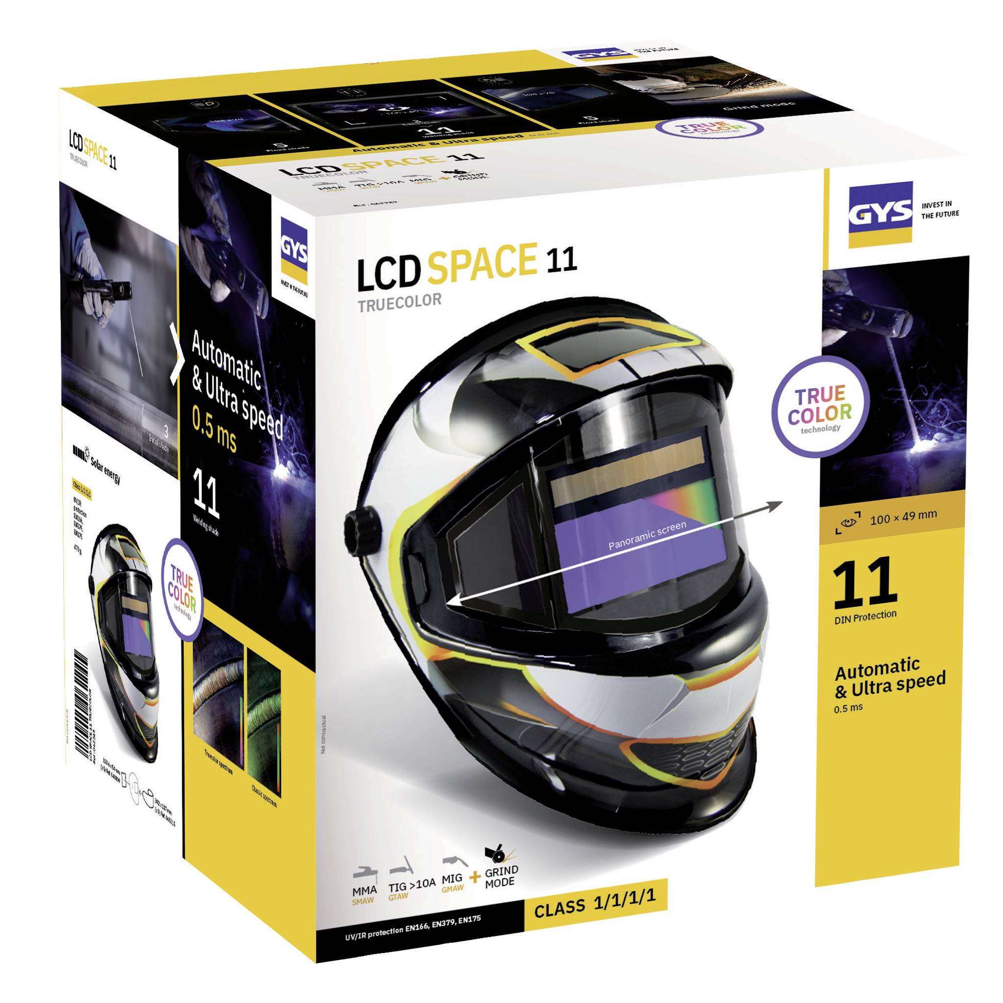 Verpackung eines Automatikschweißhelms mit 'LCD Space 11' als Modellname und 'True Color' Technik. Schweißhelm in der Mitte abgebildet.