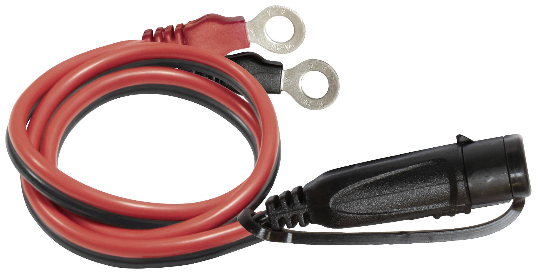 Rotes und schwarzes Stromkabel mit Klemmen und einem schwarzen Anschlussstecker, aufgerollt und bereit zur Verwendung.