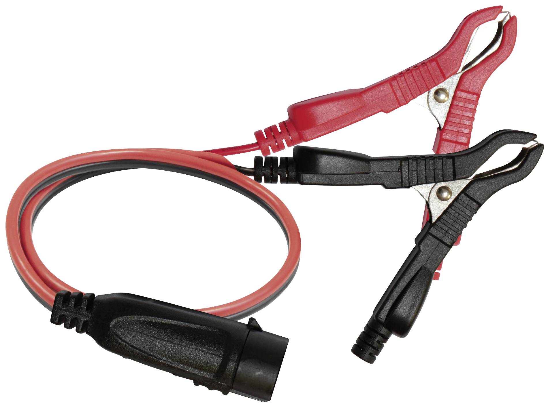Ein rotes und ein schwarzes Starthilfekabel mit Klemmen, zur Verbindung von Autobatterien.