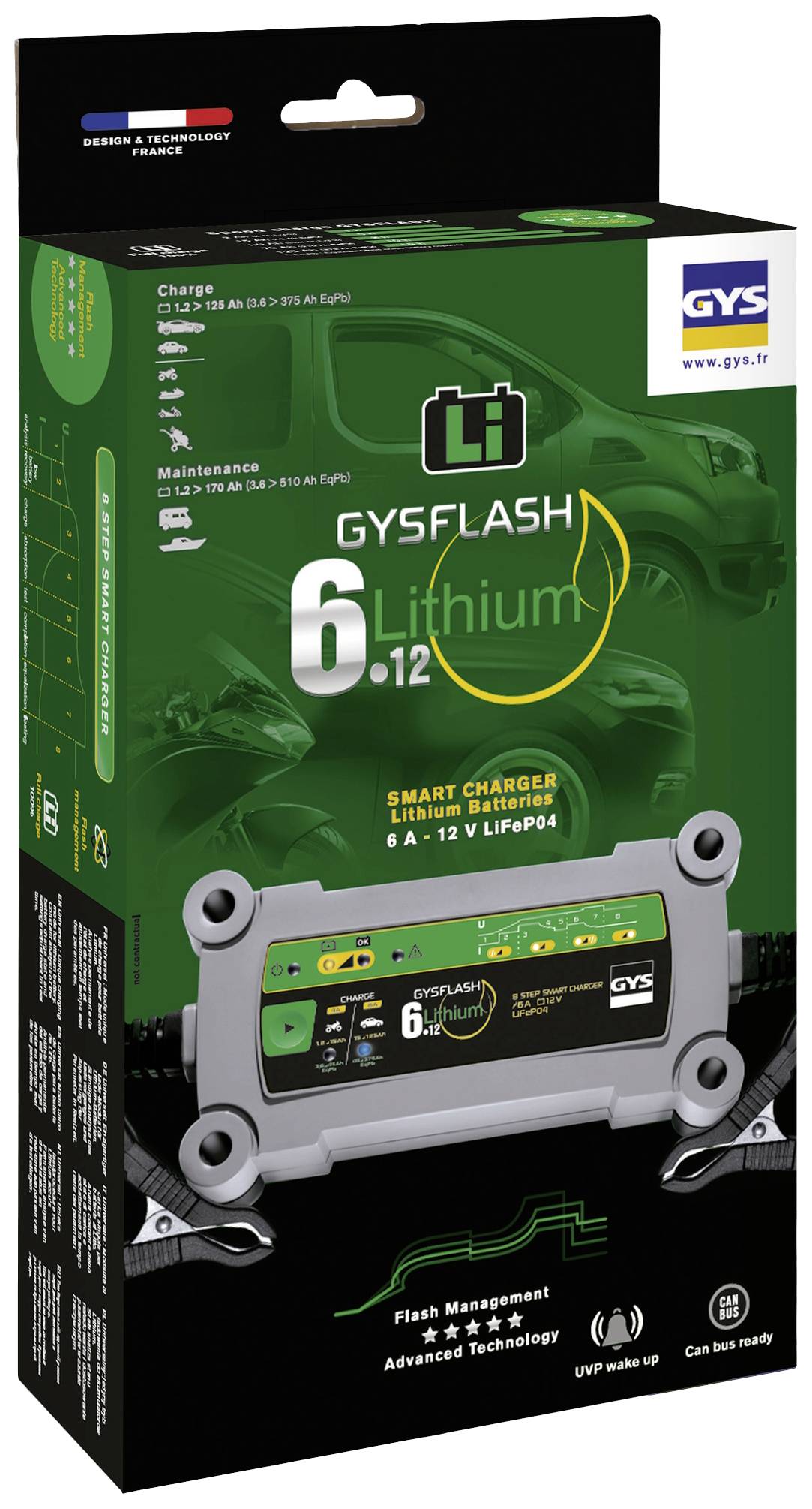 'GYSFLASH 6.12 Lithium'-Verpackung eines intelligenten Lithium-Batterieladegeräts: 6 A, 12 V LiFePO4. Markenlogo und Grafiken sichtbar.