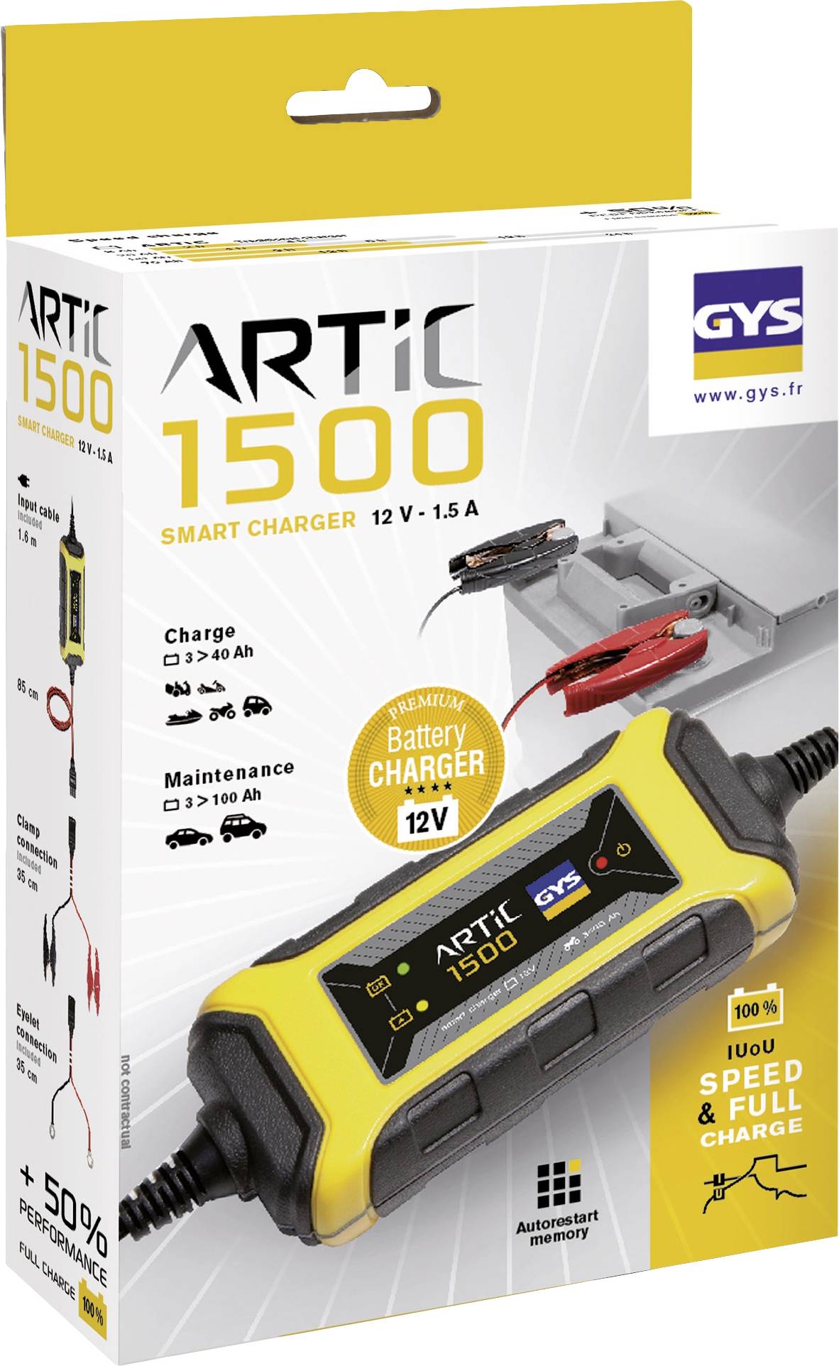 Ladegerät 'ARTIC 1500 Smart Charger' für 12V-Batterien, 1,5A. Geeignet für Lade- und Wartungsbetrieb. Gelb-schwarze Box.