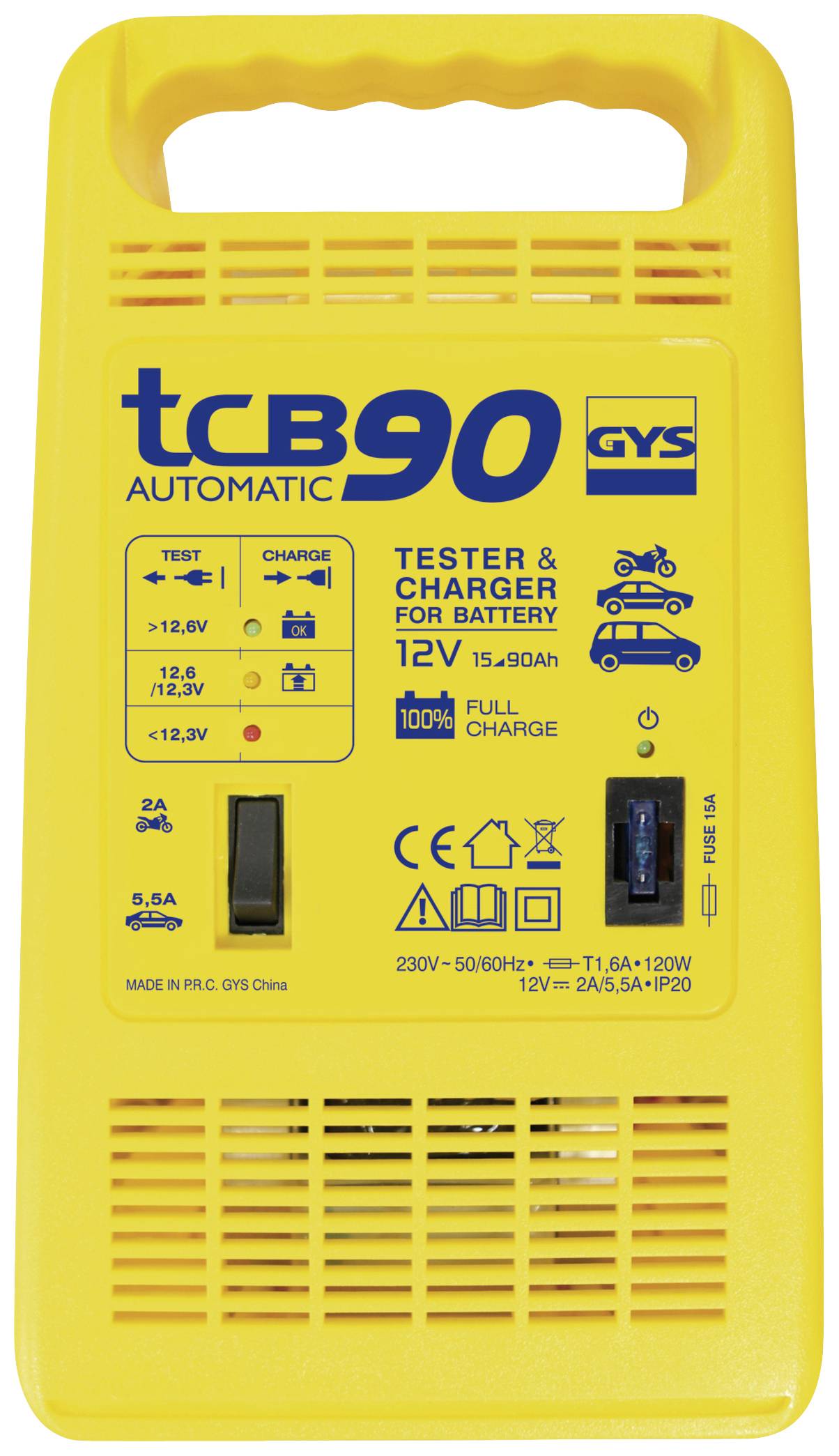 Gelbes Batterieladegerät 'tcb 90' mit Griff, Schalter zur Stromstärkeanpassung, Anzeige für Ladezustand, geeignet für 12V-Batterien.