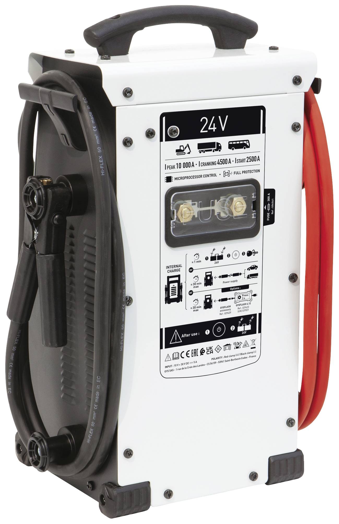 Elektronisches Ladegerät mit 24V-Anzeige, schwarzem Griff, Anschlusskabeln und verschiedenen technischen Angaben auf einem Beschriftungsschild.