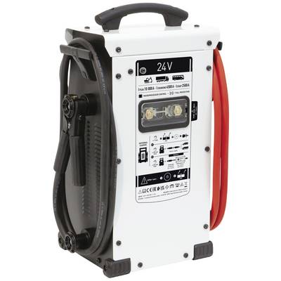 Elektronisches Ladegerät mit 24V-Anzeige, schwarzem Griff, Anschlusskabeln und verschiedenen technischen Angaben auf einem Beschriftungsschild.