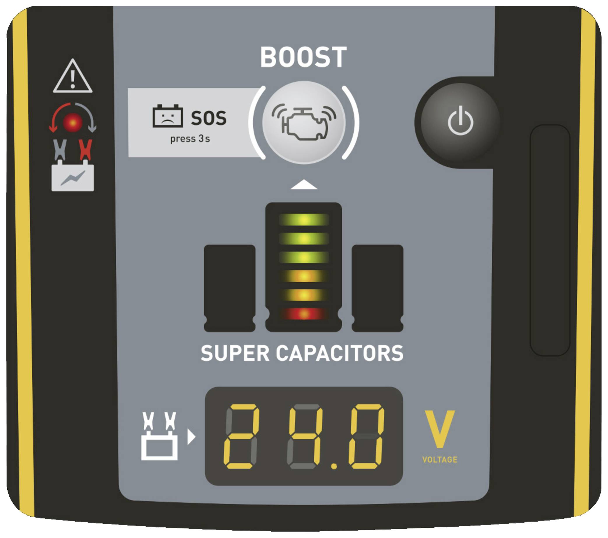 Ladegerät-Anzeige: 'BOOST', 'SOS press 3s'. Zeigt Ladezustand mit Geräuschsymbol, Batterie-Icons und Spannung '24.0 V'.