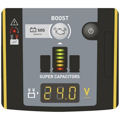 Ladegerät-Anzeige: 'BOOST', 'SOS press 3s'. Zeigt Ladezustand mit Geräuschsymbol, Batterie-Icons und Spannung '24.0 V'.
