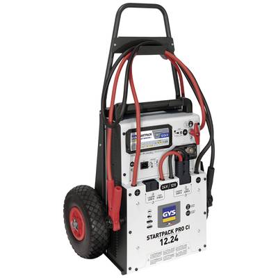 Tragbares Starthilfegerät mit Rädern, Kabeln und Anschlüssen, geeignet für 12- und 24-Volt-Batterien. Ideal für Fahrzeuge.