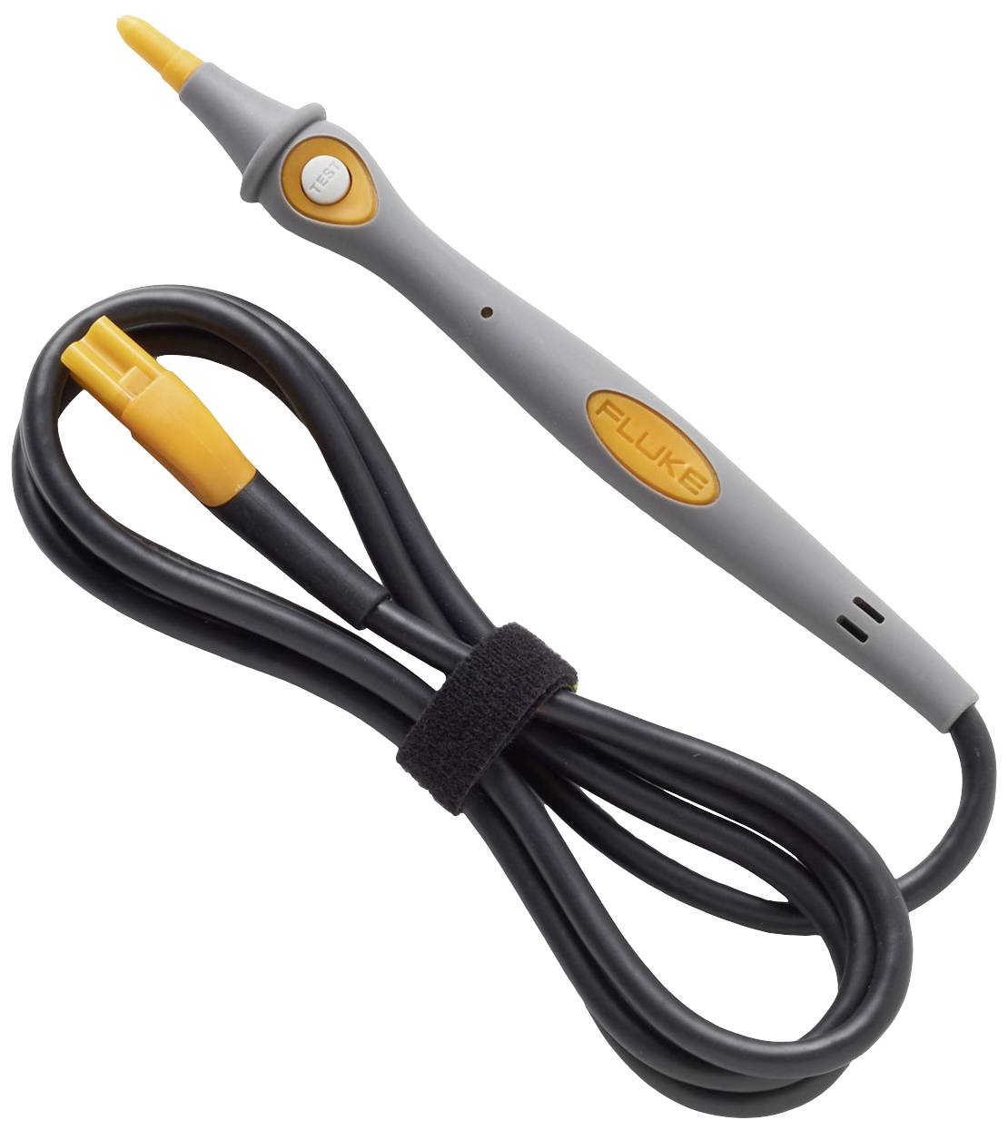 Langes, graues Messgerät mit orangefarbenem Kopf und Knopf. Angefügtes schwarzes Kabel mit einem Klettverschlussband.