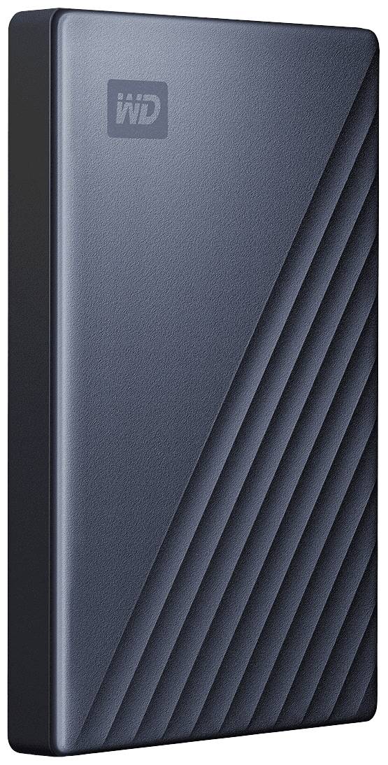 Eine externe tragbare Festplatte mit blauem Gehäuse und diagonalen Rillen, das WD-Logo oben links.