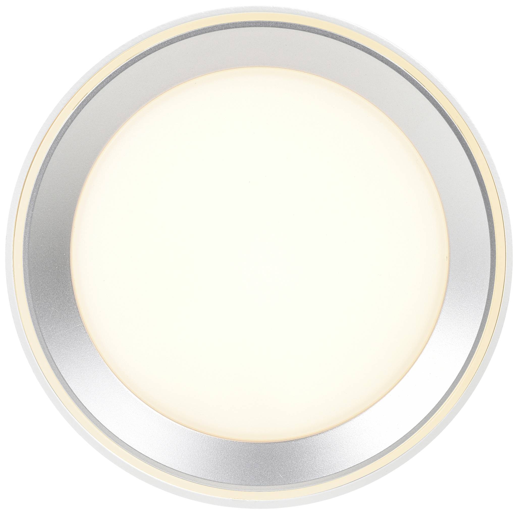 Runde Deckenleuchte mit silbernem Rand, die ein sanftes, warmes Licht abstrahlt. Ideal für moderne Innenräume.