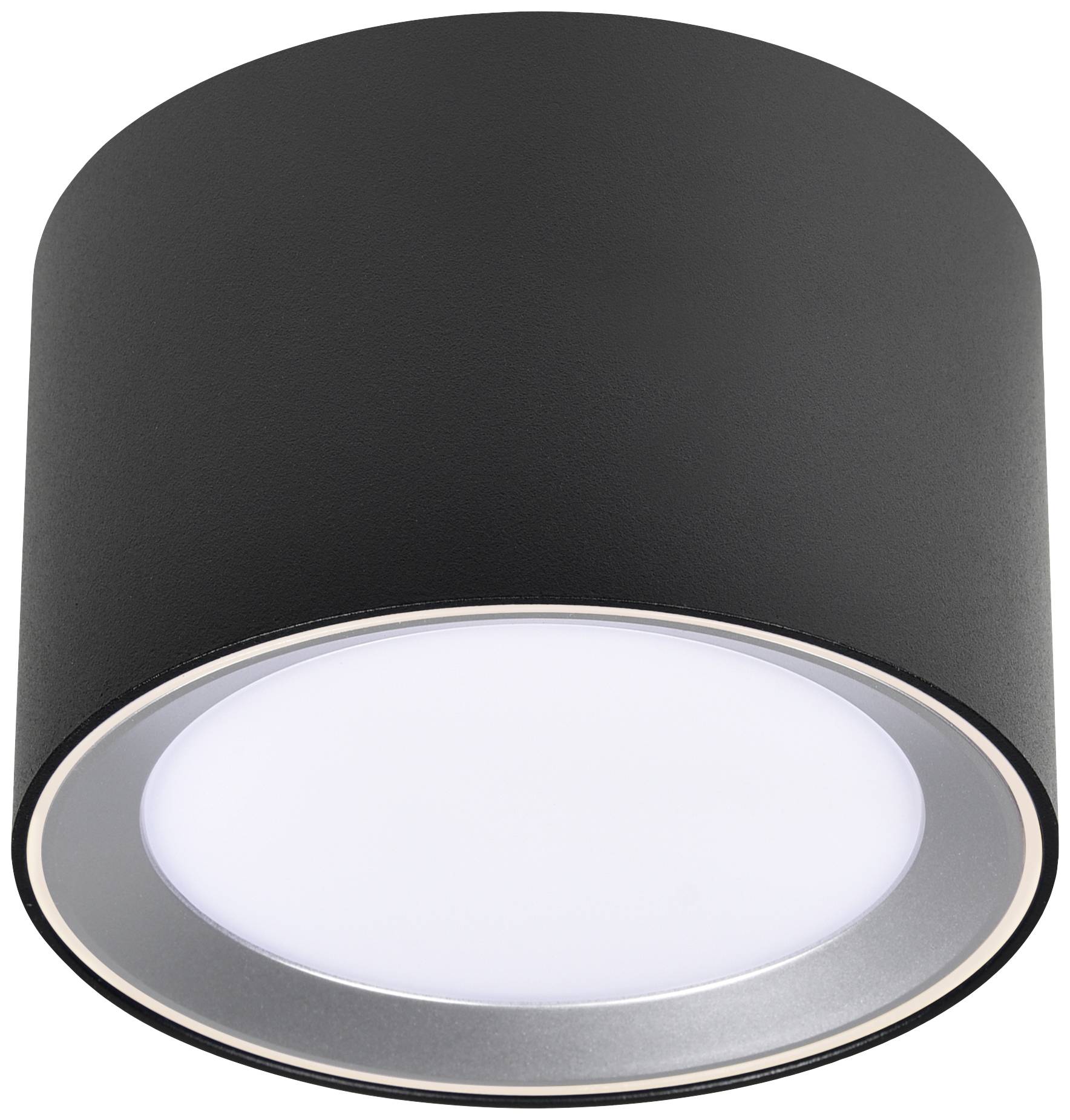 Schwarze zylindrische Deckenleuchte mit weißem Diffusor, geeignet für moderne Inneneinrichtungen.