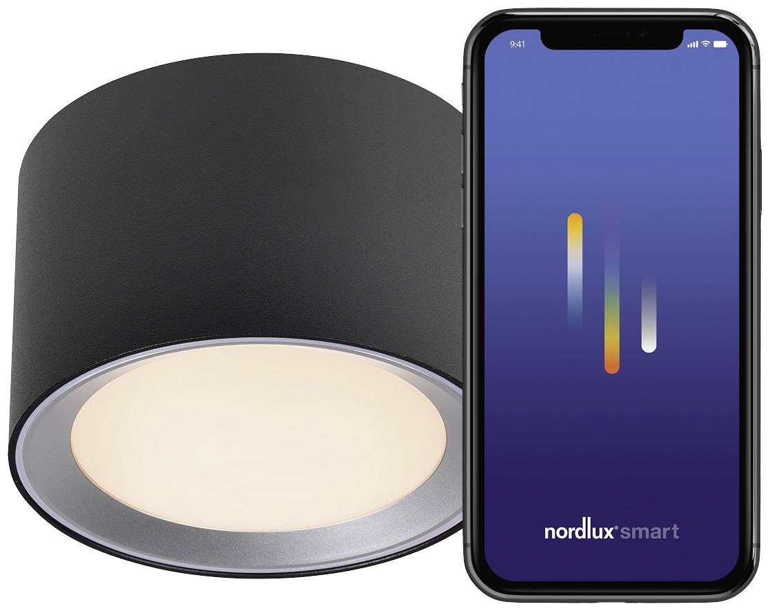 Schwarze Deckenleuchte neben Smartphone mit 'nordlux smart'-App auf Bildschirm, zeigt bunte vertikale Balken.