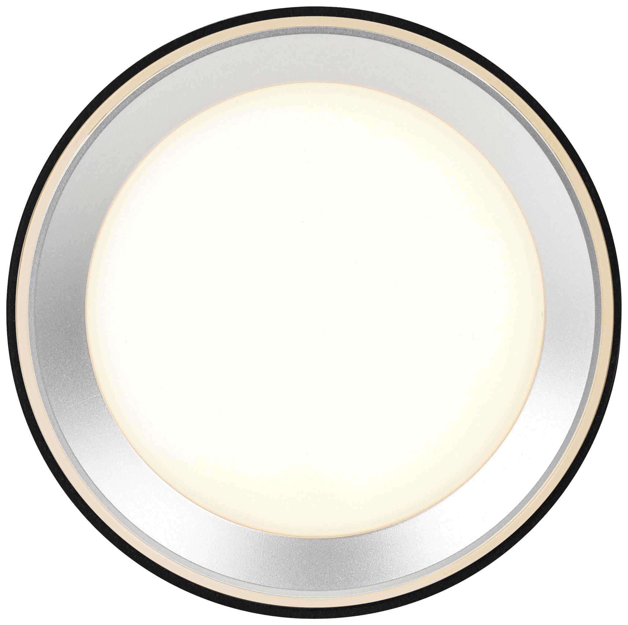 Eine runde LED-Deckenleuchte mit weißem Licht und silbernem Rand, geeignet für moderne Innenräume.