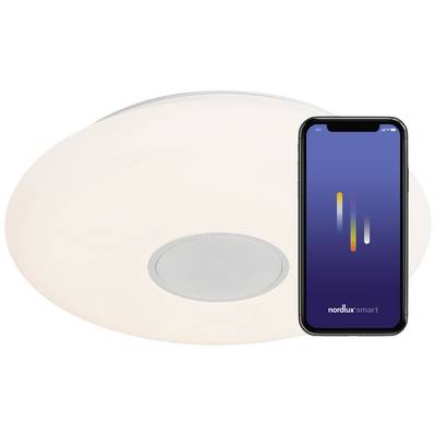 Deckenleuchte mit integriertem Lautsprecher, daneben ein Smartphone mit geöffneter Steuerungs-App für die smarten Funktionen der Leuchte.
