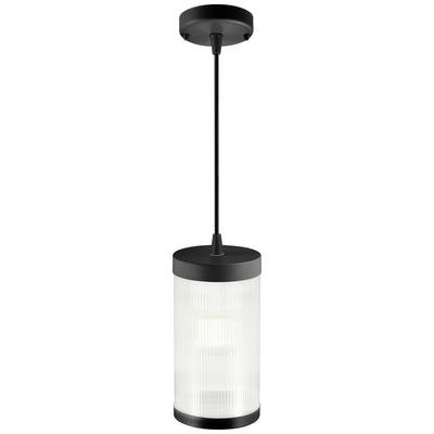 Schwarze hängende Deckenleuchte mit zylindrischem, gerilltem Glaslampenschirm. Schlichtes, modernes Design. Geeignet für Innenräume.