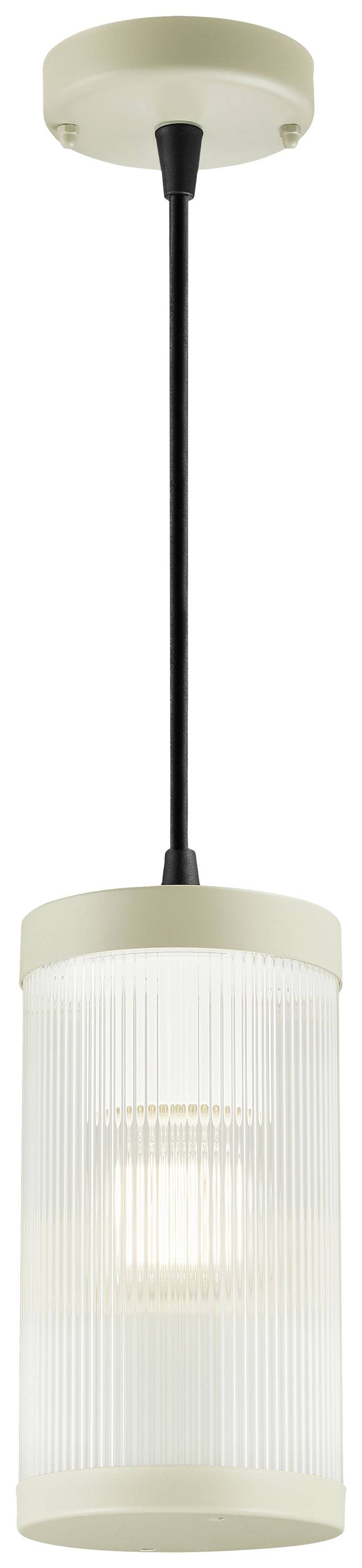 Hängeleuchte mit zylindrischem, geripptem Glas-Lampenschirm. Hängekabel in Schwarz, Deckenhalterung und Abschluss in Beige.