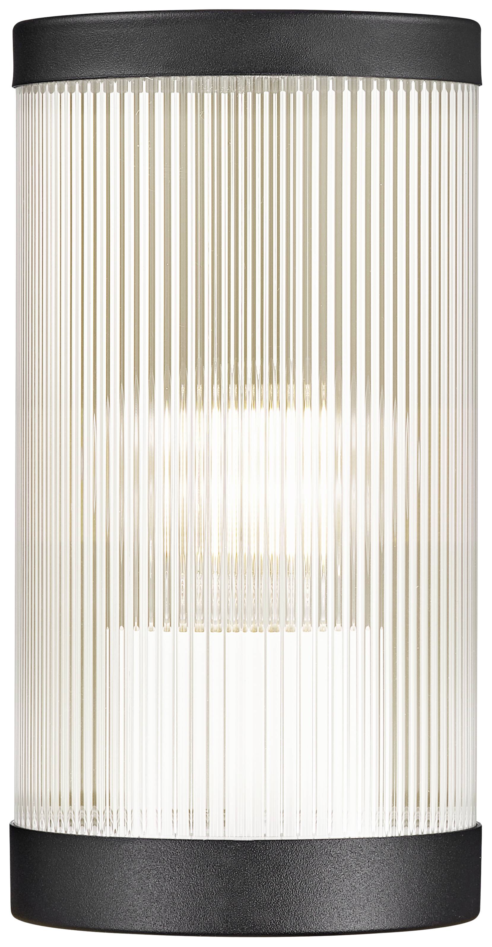 Zylindrische Wandleuchte mit geripptem Glas, das ein warmes Licht ausstrahlt. Obere und untere Ränder sind aus schwarzem Material.