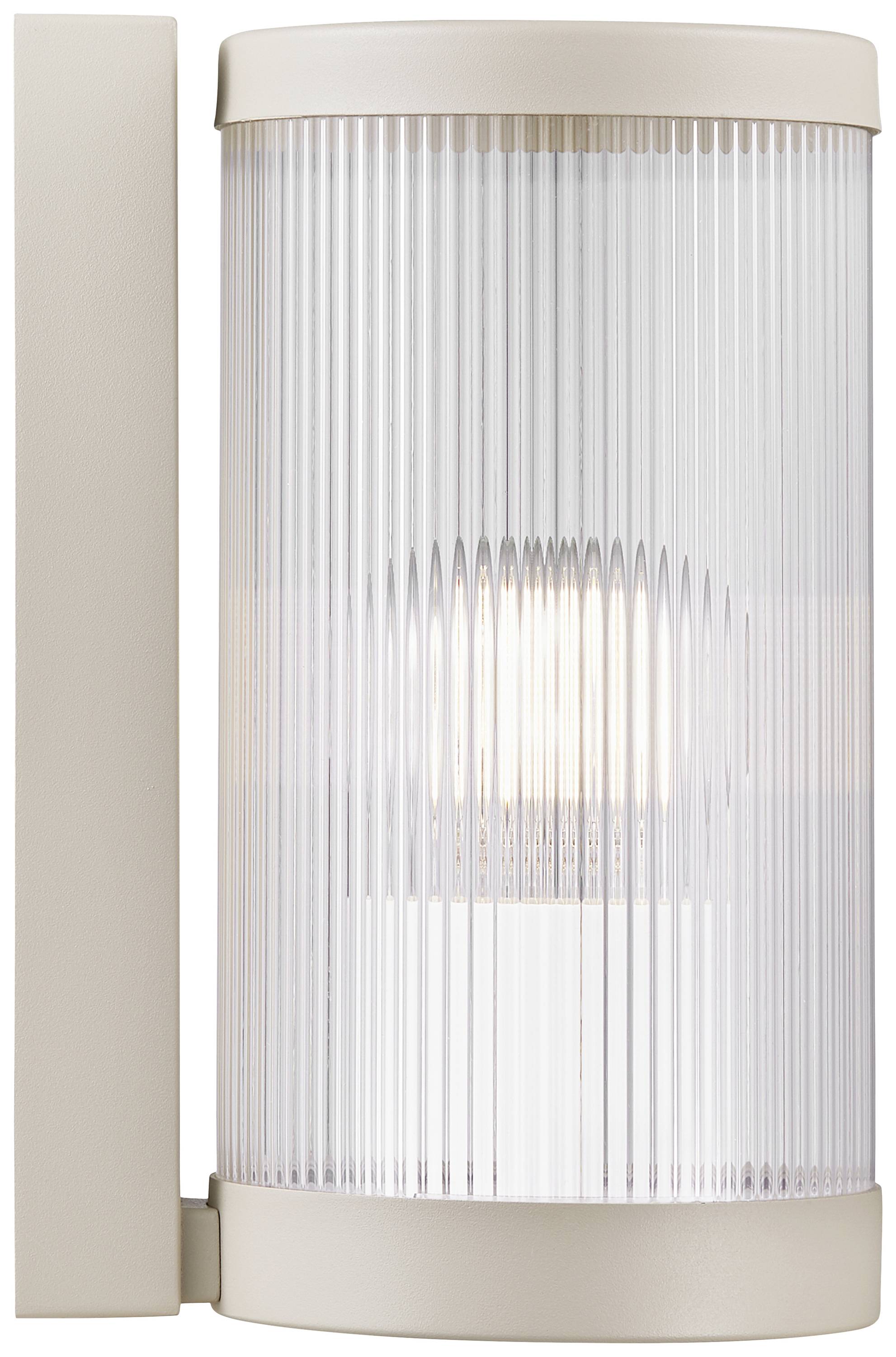 Wandleuchte mit vertikalen, geriffelten Glasplatten und einem zylindrischen Design. Diffuses Licht strahlt durch das Glas.