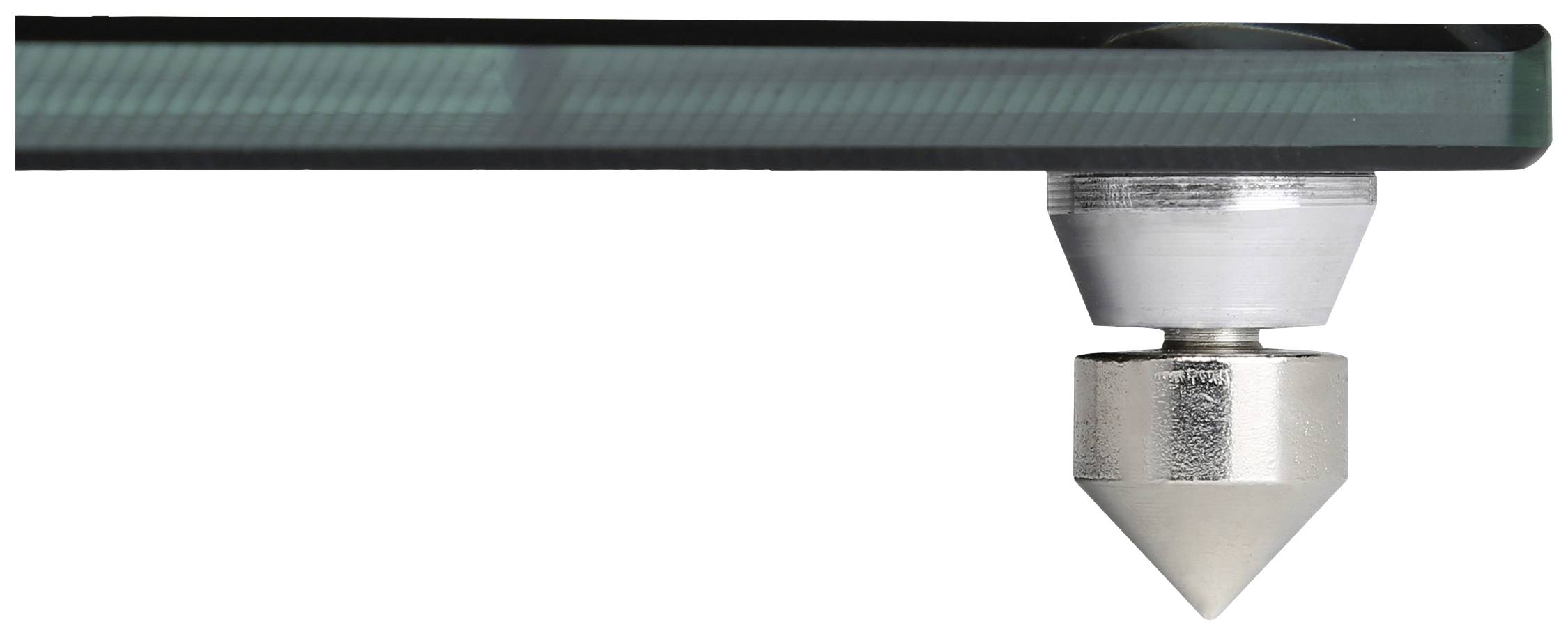 Bein einer Glasvitrine, gezeigt von der Seite. Das Bein besteht aus einem kegelförmigen Metallfußhalter und einem stumpfen, runden Metallfuß.