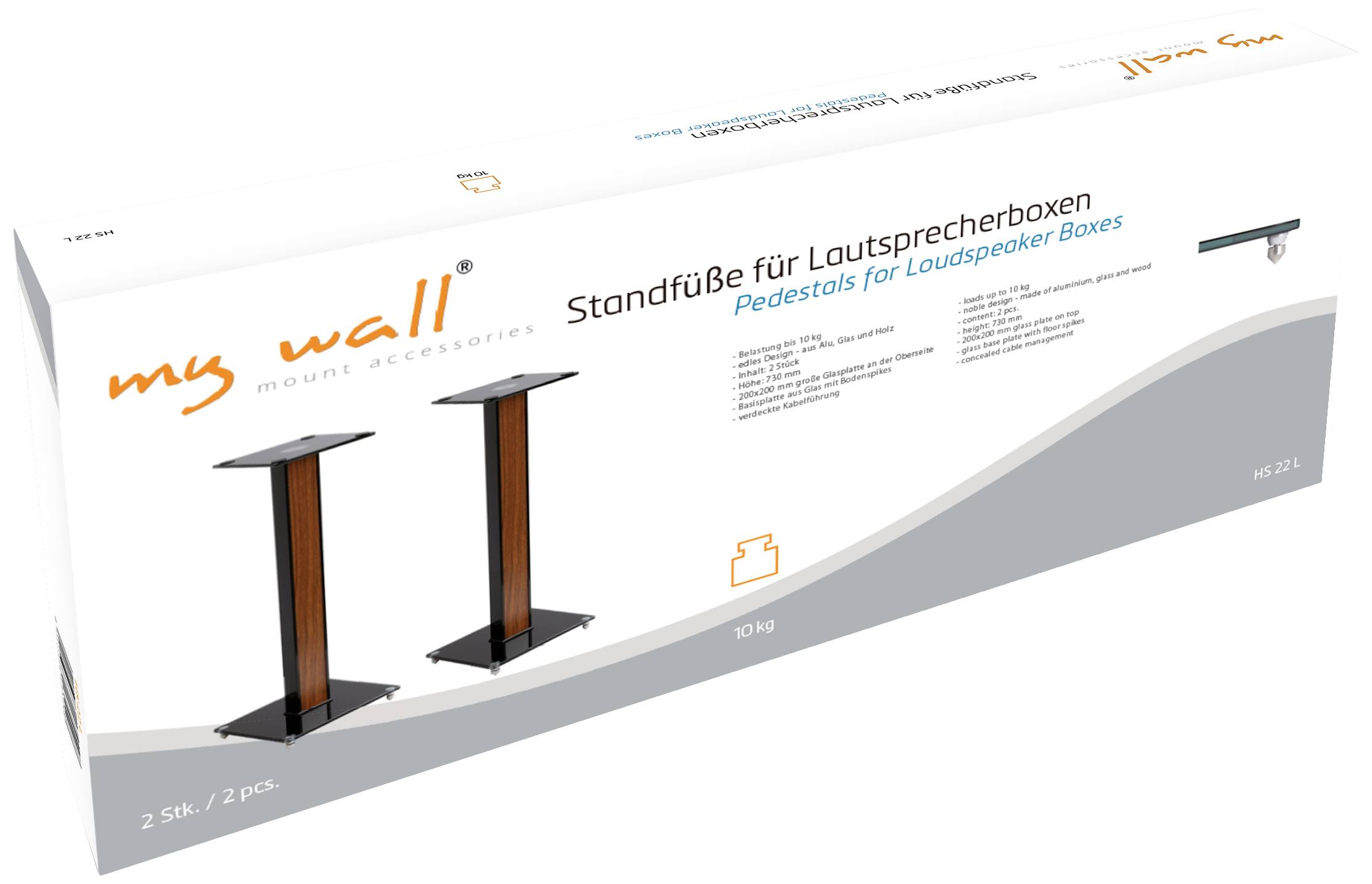 Verpackungsabbildung für 'my wall' Lautsprecher-Standfüße. Zeigt zwei schwarze und braune Standfüße. Text: 'Pedestals for Loudspeaker Boxes'.