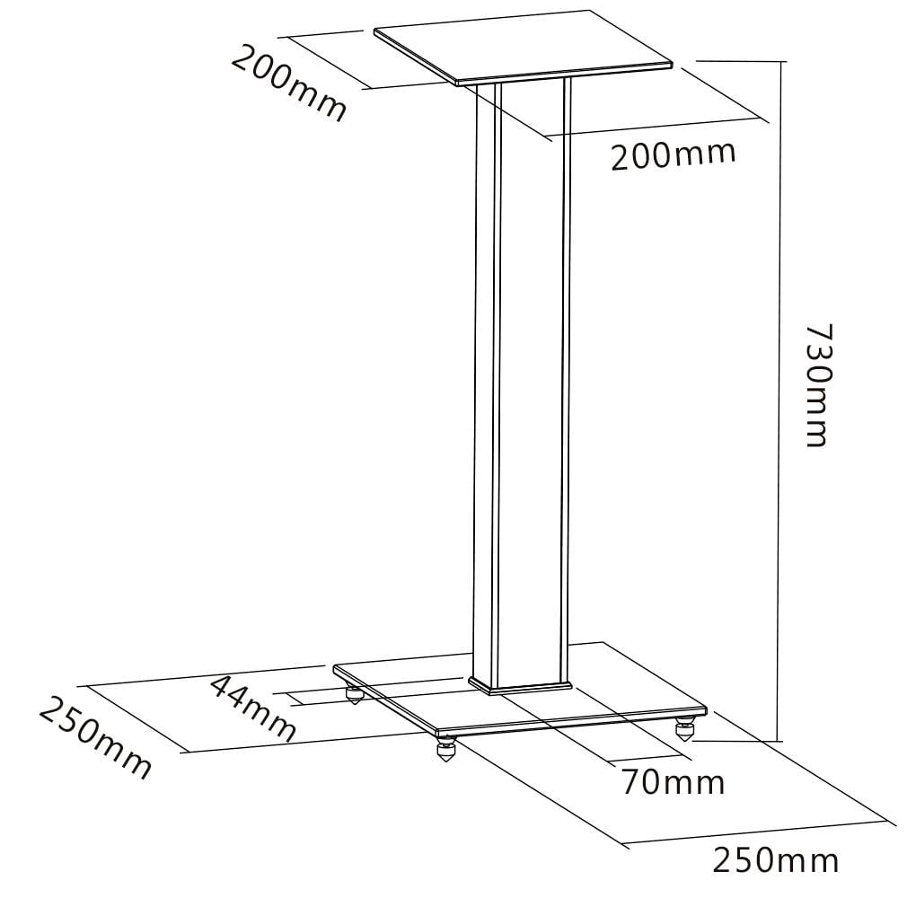 Strichzeichnung eines metallischen Stehpults mit den Abmessungen: Tischplatte 200x200 mm, Gesamthöhe 730 mm, Basis 250x250 mm.