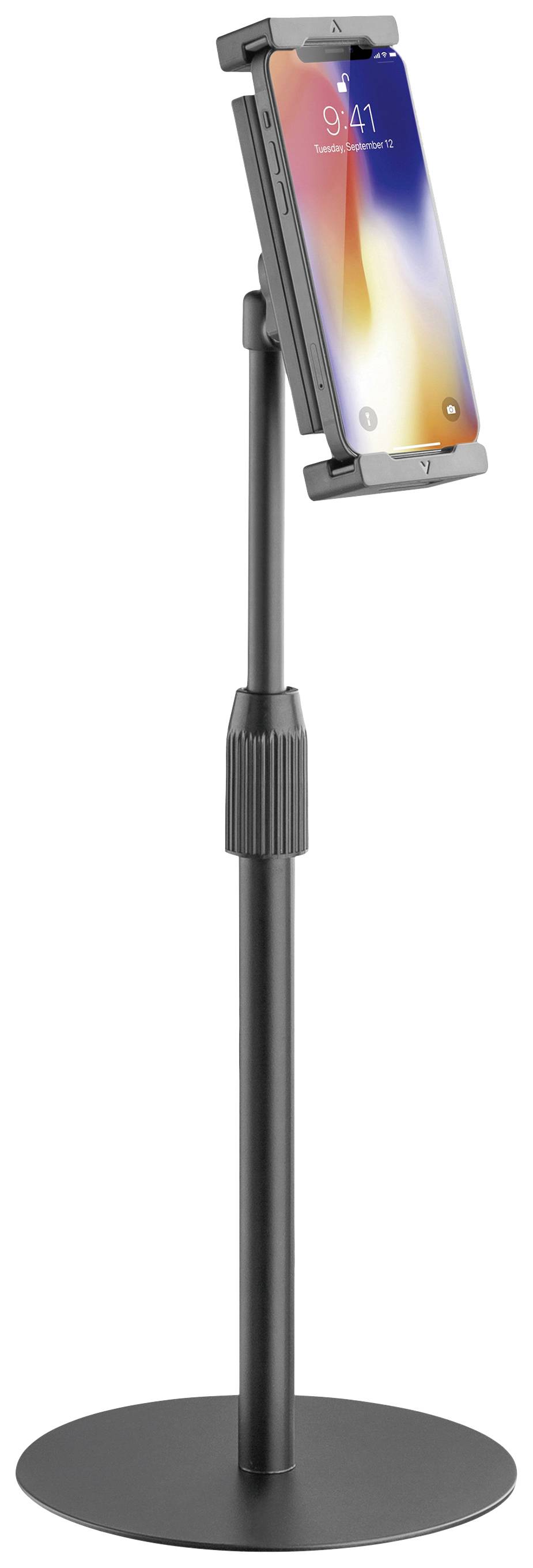 Schwarzer Tablet-Ständer, vertikal ausgerichtet, hält ein Tablet im Hochformat auf Augenhöhe; eignet sich für Präsentationen.