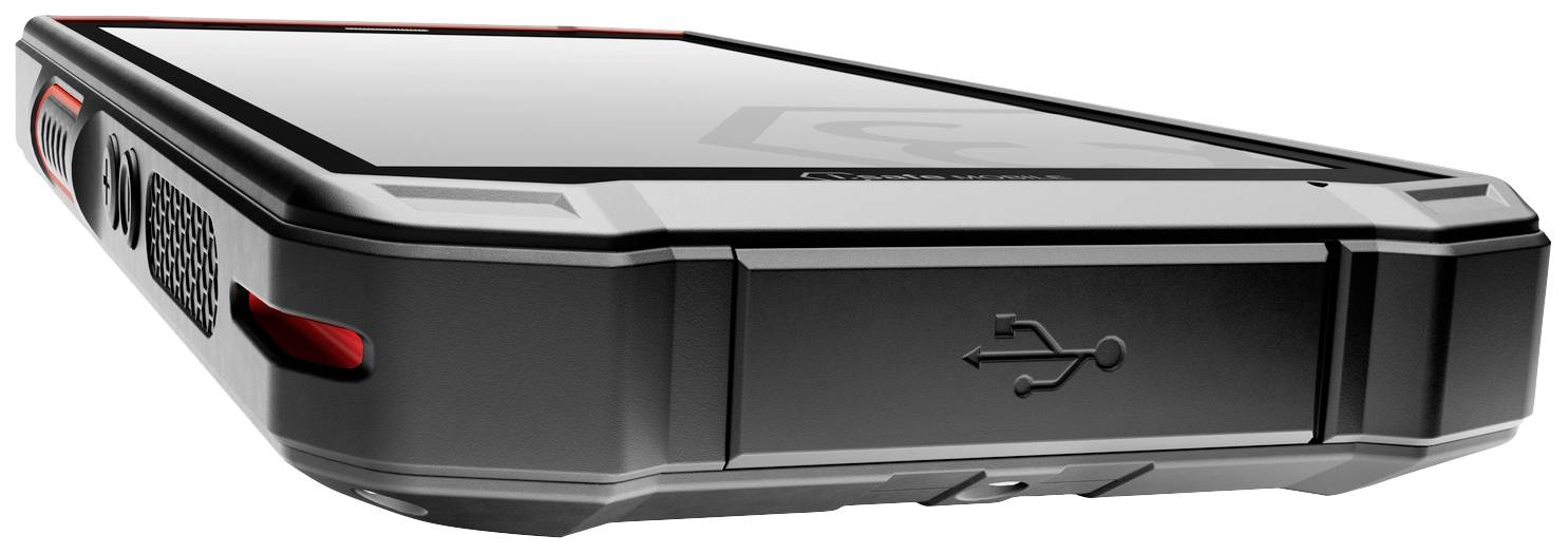 Ein robustes, schwarzes elektronisches Gerät mit USB-Anschluss, rechteckig und flach, möglicherweise ein tragbarer externer Akku.