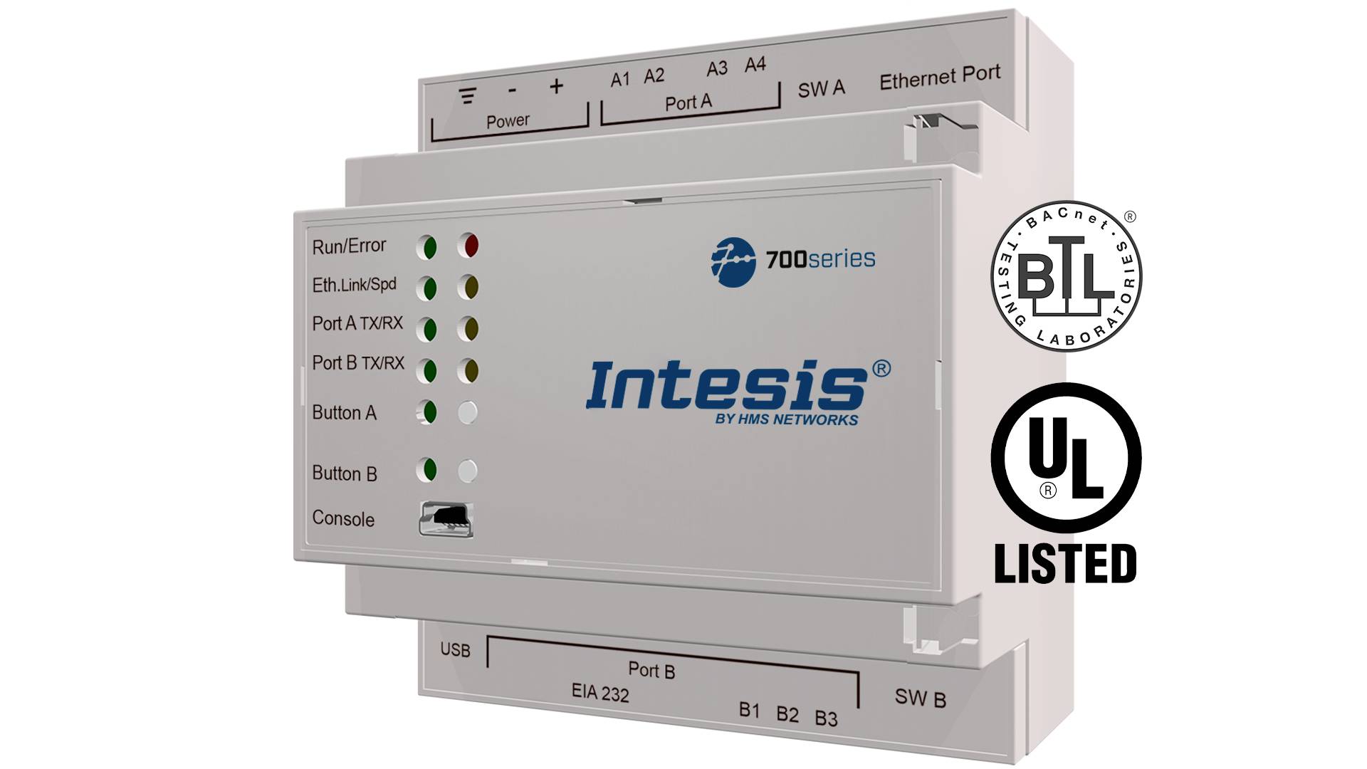 'Intesis' Gerät mit Anschlüssen für Power, Ethernet, USB und Ports. Zeigt LED-Indikatoren für Betrieb und Fehler. Ausgezeichnet mit UL- und BTL-Logos.