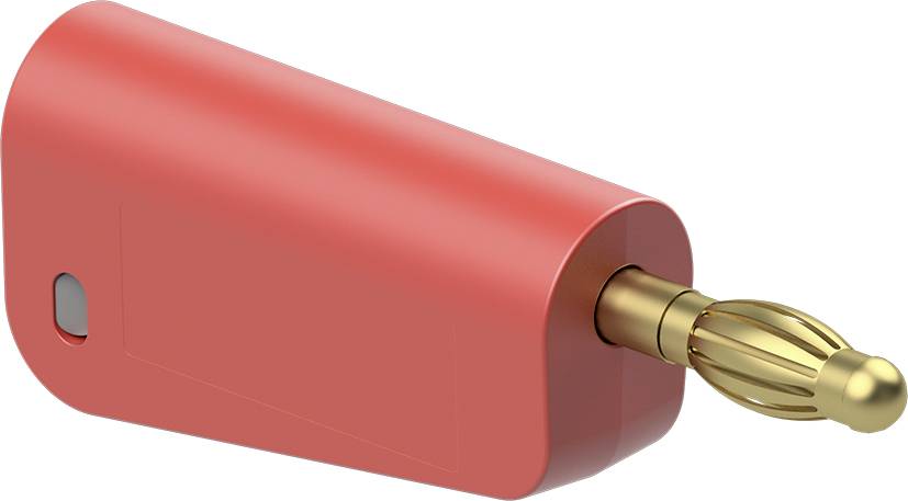 Ein roter Adapter mit einem goldenen Bananenstecker wird seitlich gezeigt. Der Adapter hat eine rechteckige Form mit abgerundeten Kanten.