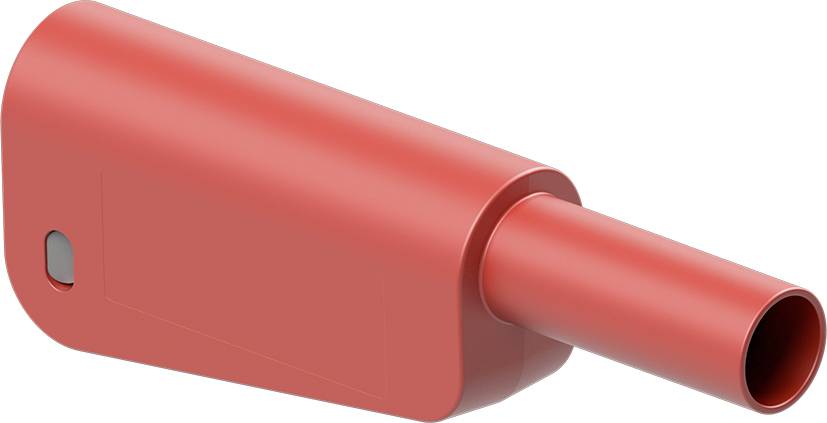 Rotes, geometrisch geformtes Gerät mit einem runden Auslass, möglicherweise ein Kunststoffadapter.