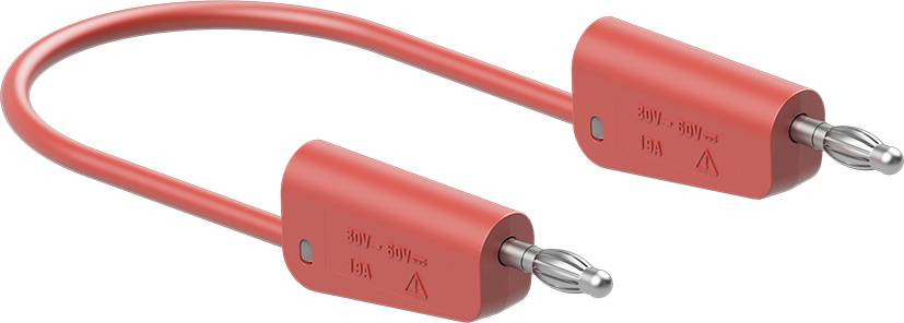 Rotes, gebogenes Kabel mit zwei identischen Steckern an den Enden. Auf den Steckern sind Beschriftungen mit Spannungs- und Stromwerten sichtbar.