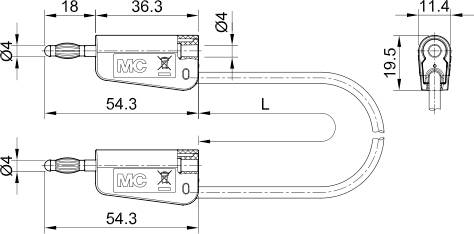 Technische Zeichnung eines U-Schlosses mit Maßangaben. Breite: 54,3 mm, Dicke: 4 mm, Abstand zwischen Bügeln: L. Oberansicht rechts gezeigt.