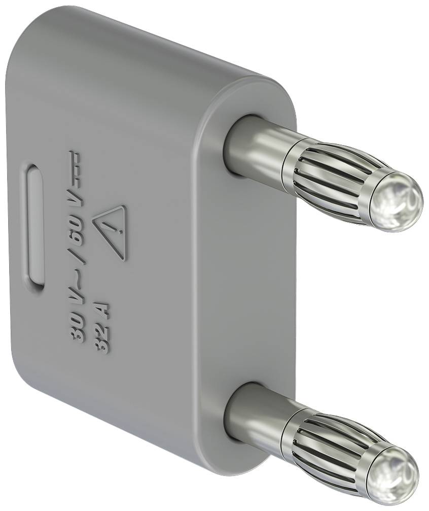 Ein grauer 3,2-A-Adapter mit zwei Steckern und leicht geriffelter Oberfläche. Geeignet für Spannungen von 50 V bis 450 V.