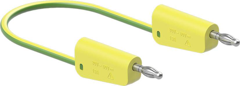 Gelb-grüner Erdungsstecker mit beidseitigen Anschlüssen, zur elektrischen Sicherheit.