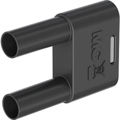 Zweirohriges schwarzes Kunststoffbauteil mit der Aufschrift 'MC', vermutlich als Montageclip oder Verbindungselement verwendet.
