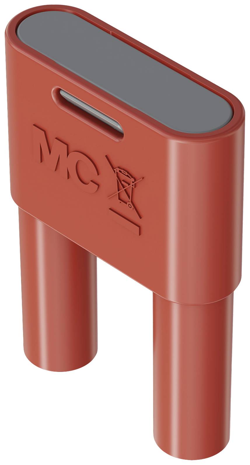 Roter, rechteckiger Kunststoffhalter mit zwei zylindrischen Beinen, graviert mit 'MCX' und einem Designer-Logo.