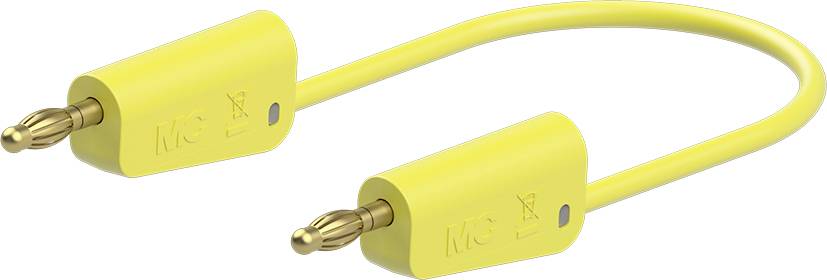 Gelbes Kabel mit zwei Bananensteckern, verwendet für elektrische Verbindungen oder Labormessungen.