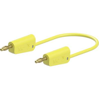 Gelbes Kabel mit zwei Bananensteckern, verwendet für elektrische Verbindungen oder Labormessungen.