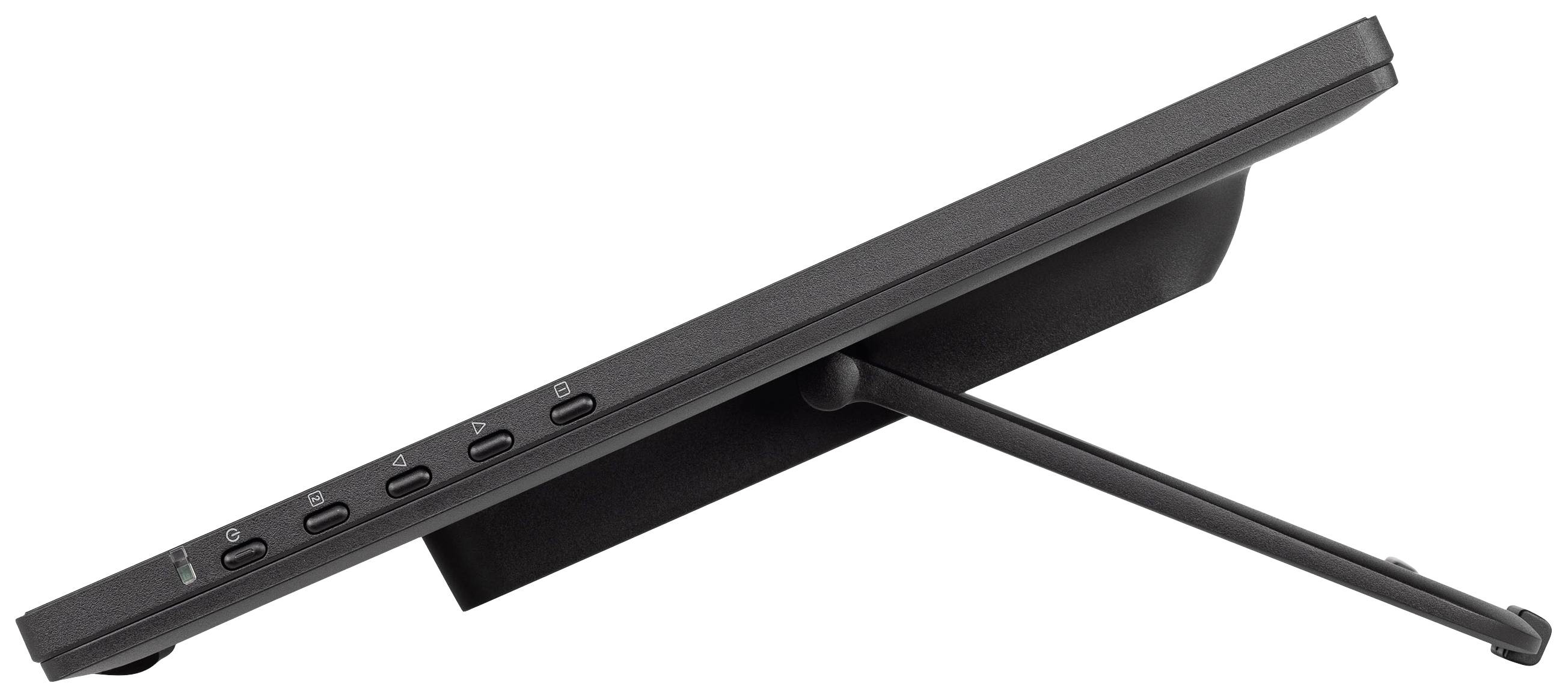 Seitenansicht eines schwarzen Monitorständers mit Bedienknöpfen, in schräger Position aufgestellt.