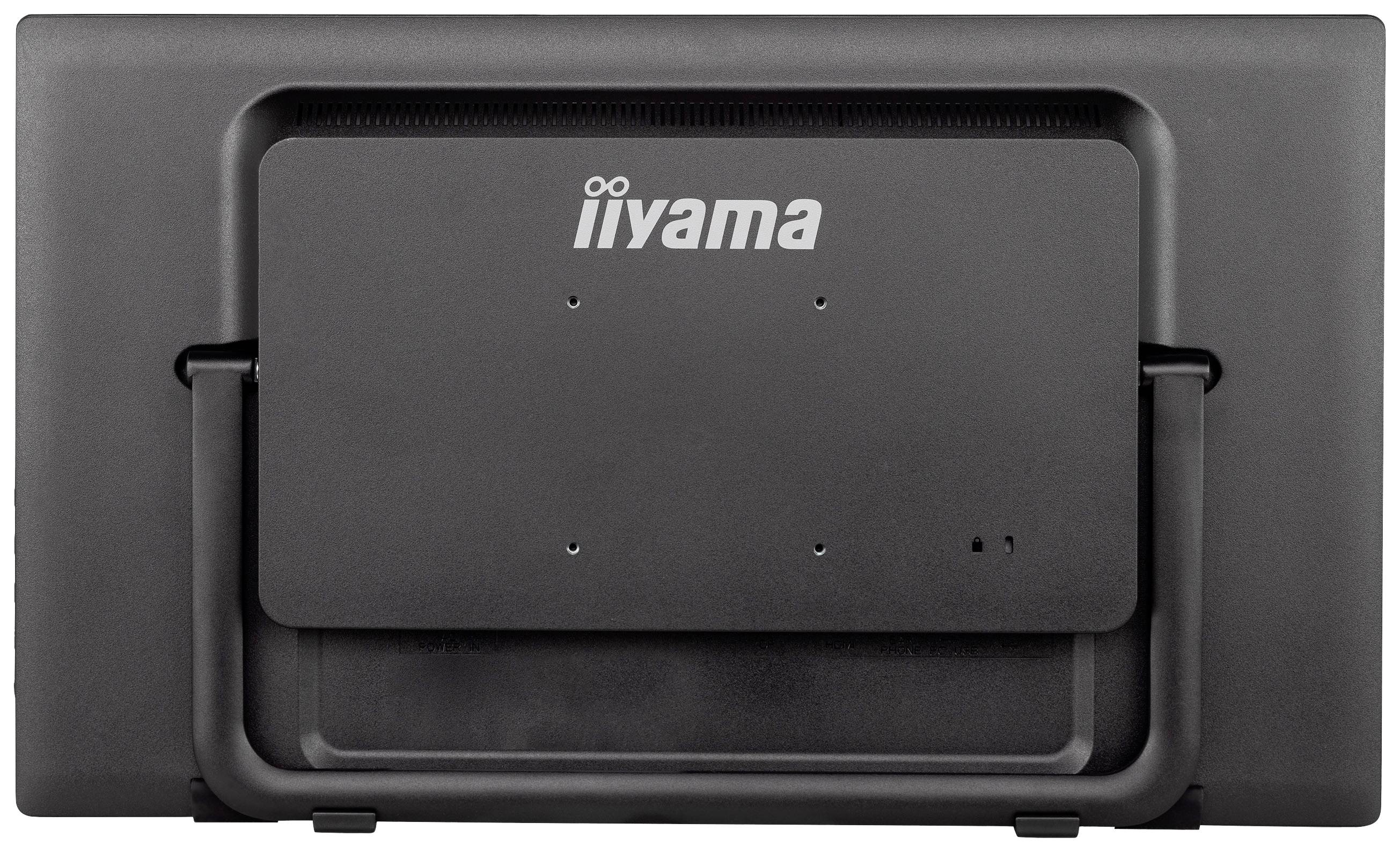 Rückansicht eines schwarzen Computerbildschirms der Marke Iiyama, mit einfacher, rechteckiger Form und mattem Finish.